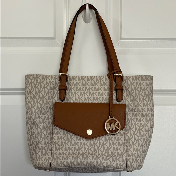 Michael Kors Handbags - Michael Kors Beige Logo Tote with Brown Trim